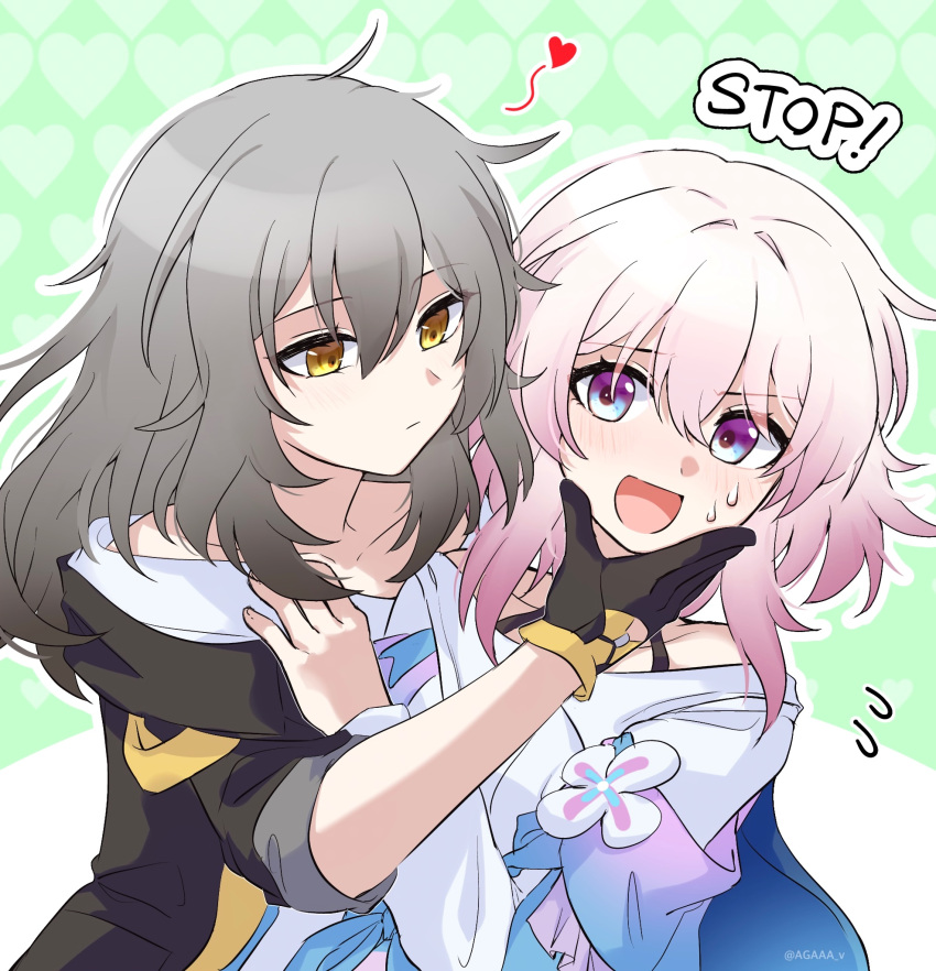2girls agaaa_v bare_shoulders black_gloves black_jacket blue_eyes blue_jacket blush collarbone english_text flower_ornament gloves grey_hair hair_between_eyes hand_on_another's_face heart highres honkai:_star_rail honkai_(series) jacket march_7th_(honkai:_star_rail) medium_hair multiple_girls open_mouth pink_hair shirt sleeve_rolled_up stelle_(honkai:_star_rail) sweatdrop trailblazer_(honkai:_star_rail) twitter_username two-tone_eyes upper_body violet_eyes white_shirt yellow_eyes yuri