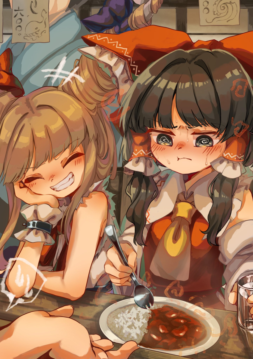 2girls ascot blonde_hair blush bow brown_hair cuffs curry curry_rice detached_sleeves eating food frilled_bow frilled_hair_tubes frills glass hair_bow hair_tubes hakurei_reimu highres holding holding_spoon horn_ornament horn_ribbon horns ibuki_suika long_hair matsukuzu multiple_girls oni orange_hair plate red_bow ribbon rice shackles sleeveless smile spicy spoon sweat sweatdrop touhou yellow_ascot