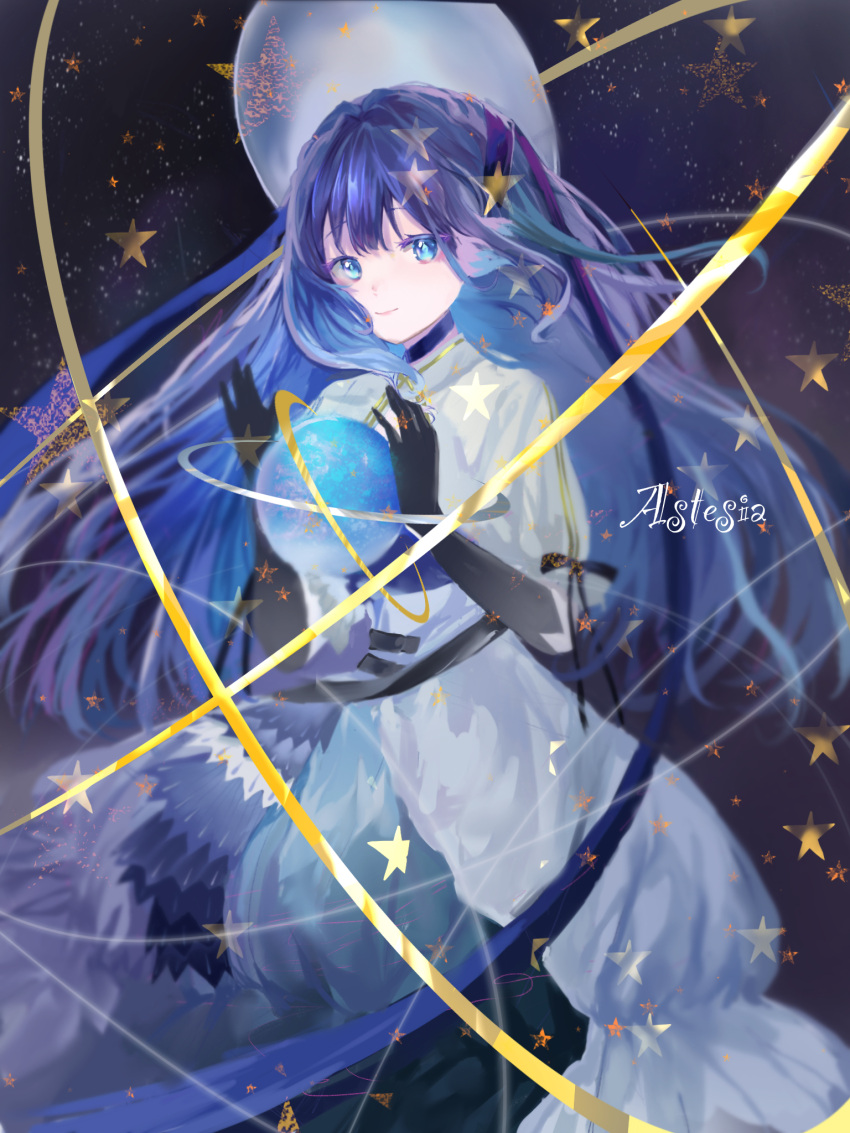 1girl arknights astesia_(arknights) astesia_(starseeker)_(arknights) blue_background blue_dress blue_eyes blue_hair bright_pupils celestial_globe dress elbow_gloves gloves highres layered_dress light_smile long_hair looking_at_viewer monochrome_background orbited puffy_short_sleeves puffy_sleeves short_sleeves shumuji simple_background solo star_(symbol) white_dress white_pupils wide_brim