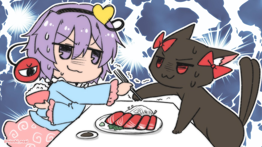 1girl :3 animal_ear_fluff black_cat blue_jacket bow cat chopsticks fish food frills hair_ornament heart heart_hair_ornament highres holding holding_food jacket kaenbyou_rin komeiji_satori leaf lightning looking_to_the_side multiple_tails noai_nioshi noodles pink_skirt plate purple_hair red_bow red_eyes rice short_hair signature simple_background skirt soy_sauce sparkle spiral_print sweatdrop table tail third_eye touhou two_tails violet_eyes