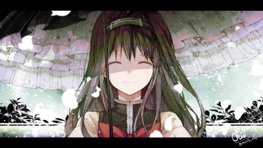 1girl ^_^ akemi_homura black_hair black_hairband black_umbrella bow christy_mii closed_eyes closed_mouth commentary_request facing_viewer falling_petals frilled_umbrella frills hairband highres letterboxed long_hair mahou_shoujo_madoka_magica mahou_shoujo_madoka_magica:_walpurgis_no_kaiten mitakihara_school_uniform outdoors parasol petals plant red_bow school_uniform shaded_face shirt signature smile solo twitter_username umbrella upper_body white_shirt
