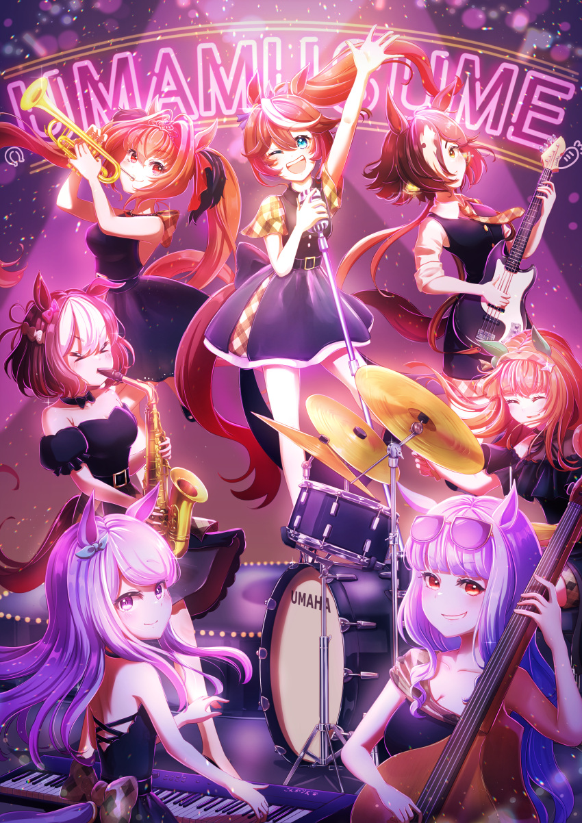 &gt;_&lt; 6+girls absurdres animal_ears arm_up back_bow backless_dress backless_outfit bare_shoulders black_bow black_dress black_hair black_skirt black_vest blue_eyes bow brown_hair closed_eyes commentary criss-cross_halter daiwa_scarlet_(umamusume) double_bass dress drum drum_set ear_covers electric_guitar eyewear_on_head formal grey_hair grin guitar hair_over_one_eye halterneck highres horse_ears horse_girl horse_tail instrument keyboard_(instrument) kongariinu looking_at_viewer looking_back mejiro_mcqueen_(umamusume) microphone_stand miniskirt multicolored_hair multiple_girls music neon_lights off-shoulder_dress off_shoulder one_eye_closed open_mouth orange_hair ponytail purple_hair red_eyes saxophone short_dress short_sleeves silence_suzuka_(umamusume) singing single_strap skirt sleeves_rolled_up smile special_week_(umamusume) stage standing strapless strapless_dress streaked_hair sunglasses swept_bangs tail tail_bow tail_ornament tokai_teio_(umamusume) trumpet twintails two-tone_hair umamusume vest violet_eyes vodka_(umamusume) white_hair yellow_eyes