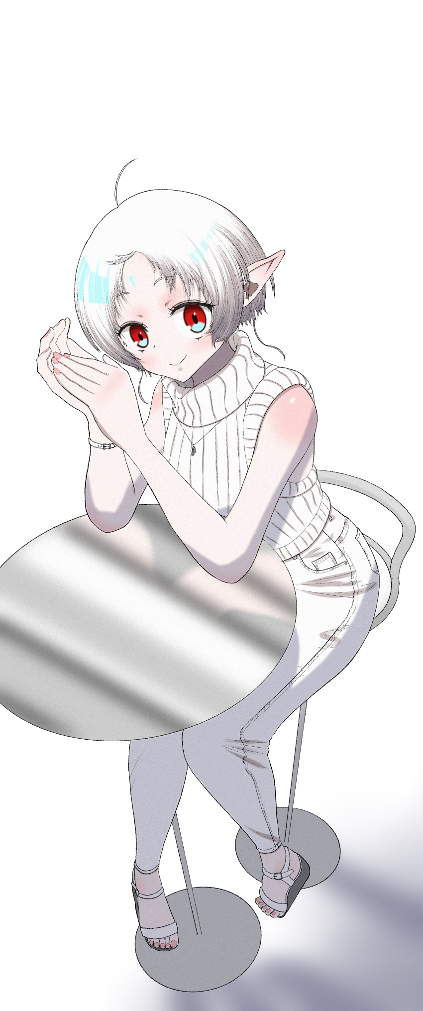 1girl absurdres ahoge chair closed_mouth elf hands_up highres looking_at_viewer mushoku_tensei pants pointy_ears red_eyes sandals short_hair sitting sleeveless sleeveless_turtleneck smile solo sweater sylphiette_(mushoku_tensei) table timushokutensei turtleneck turtleneck_sweater white_background white_hair white_pants white_sweater