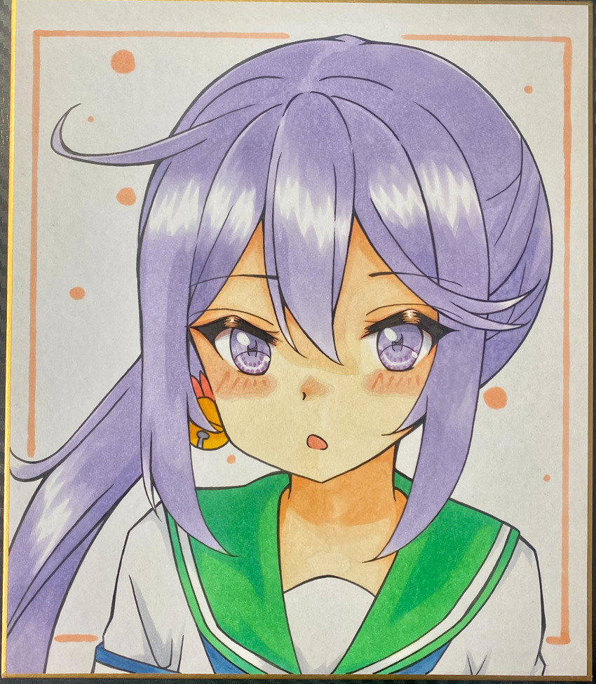 1girl absurdres akebono_(kancolle) bell blush commentary_request dakkusu flower green_sailor_collar hair_bell hair_between_eyes hair_flower hair_ornament highres jingle_bell kantai_collection long_hair looking_at_viewer marker_(medium) parted_lips photo_(medium) purple_hair red_flower sailor_collar shirt short_sleeves solo traditional_media upper_body violet_eyes white_shirt