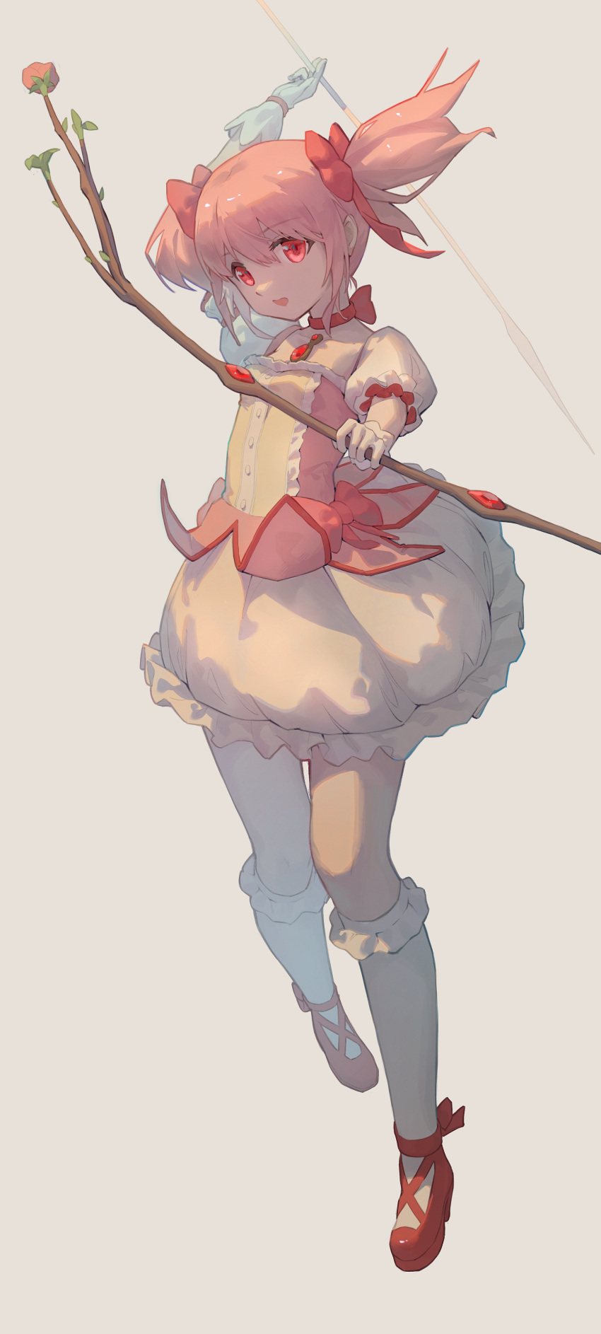 1girl :o absurdres arm_up arrow_(projectile) bow bow_(weapon) bow_choker breasts bubble_skirt chest_jewel choker dress floating floating_hair footwear_bow frilled_skirt frilled_socks frills full_body gloves grey_background hair_bow hands_up high_heels highres holding holding_arrow holding_bow_(weapon) holding_weapon kaname_madoka kneehighs looking_at_viewer magical_girl mahou_shoujo_madoka_magica miniskirt outstretched_arm petticoat pink_bow pink_dress pink_eyes pink_gemstone pink_hair puffy_short_sleeves puffy_sleeves red_choker red_footwear sanng short_dress short_hair short_sleeves short_twintails skirt small_breasts socks solo square_neckline twintails weapon white_gloves white_skirt white_sleeves white_socks