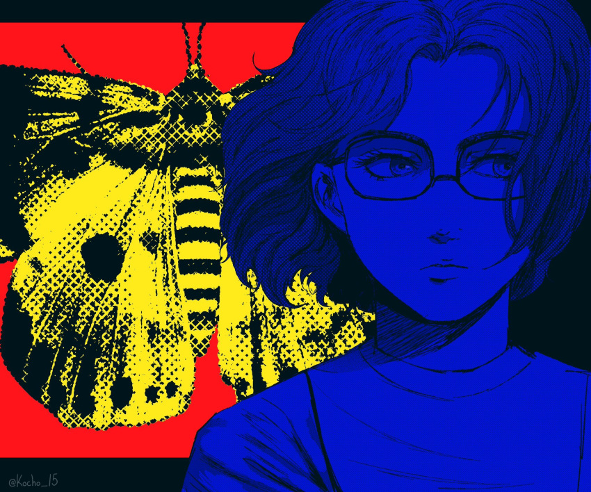1girl bug butterfly expressionless fear_&amp;_hunger fear_&amp;_hunger_2:_termina forehead glasses highres kocho_15 looking_to_the_side olivia_(fear_&amp;_hunger) portrait solo twitter_username wind