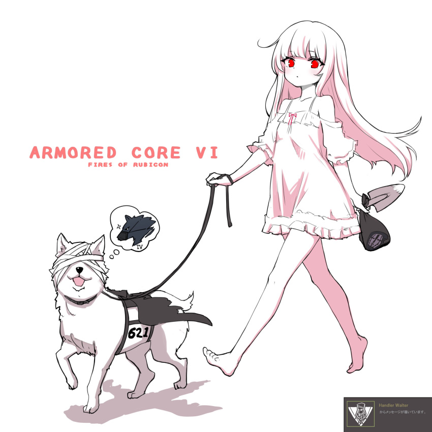 1girl 621_(armored_core_6) absurdres albino animalization armored_core armored_core_6 ayre_(armored_core_6) bandages bandages_over_eyes barefoot blindfold character_name collar dog dress el_elys english_text highres holding holding_leash leash long_hair red_eyes white_background white_dress white_hair