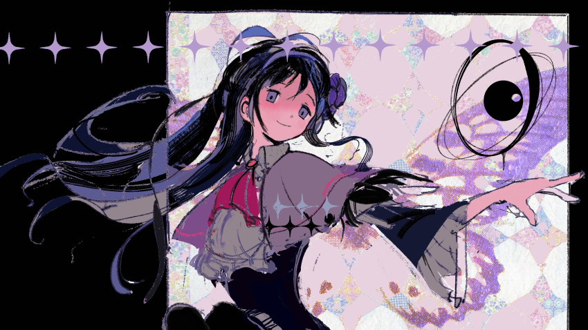 1girl akemi_homura ascot bigskycastle black_dress black_hair capelet closed_mouth collar commentary dress english_commentary floating floating_hair floating_object hair_between_eyes hairband highres long_hair long_sleeves magical_girl mahou_shoujo_madoka_magica mahou_shoujo_madoka_magica:_walpurgis_no_kaiten outstretched_arm purple_hairband red_ascot smile solo sparkle upper_body violet_eyes white_collar wide_sleeves