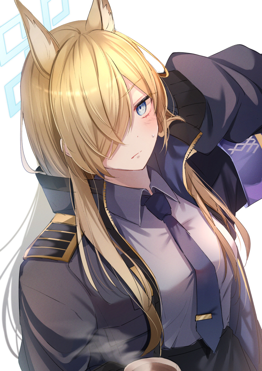 1girl absurdres animal_ear_fluff animal_ears arm_behind_head armband black_jacket black_necktie black_skirt blonde_hair blue_archive blue_armband blue_eyes blue_shirt coffee coffee_mug collared_shirt commentary_request cup dog_ears dog_girl extra_ears from_above hair_over_one_eye halo highres jacket kanna_(blue_archive) long_bangs long_hair long_sleeves looking_at_viewer looking_up mochimori_kusunoki mug necktie open_clothes open_jacket pencil_skirt police police_uniform policewoman shirt sidelocks simple_background skirt solo sweatdrop tie_clip uniform white_background