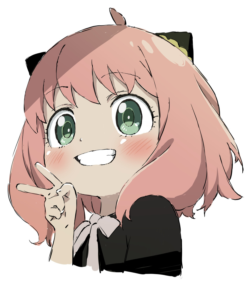 1girl absurdres ahoge anya_(spy_x_family) black_dress blush dress green_eyes hairpods highres looking_at_viewer mugi0913 pink_hair simple_background smile solo spy_x_family upper_body v white_background