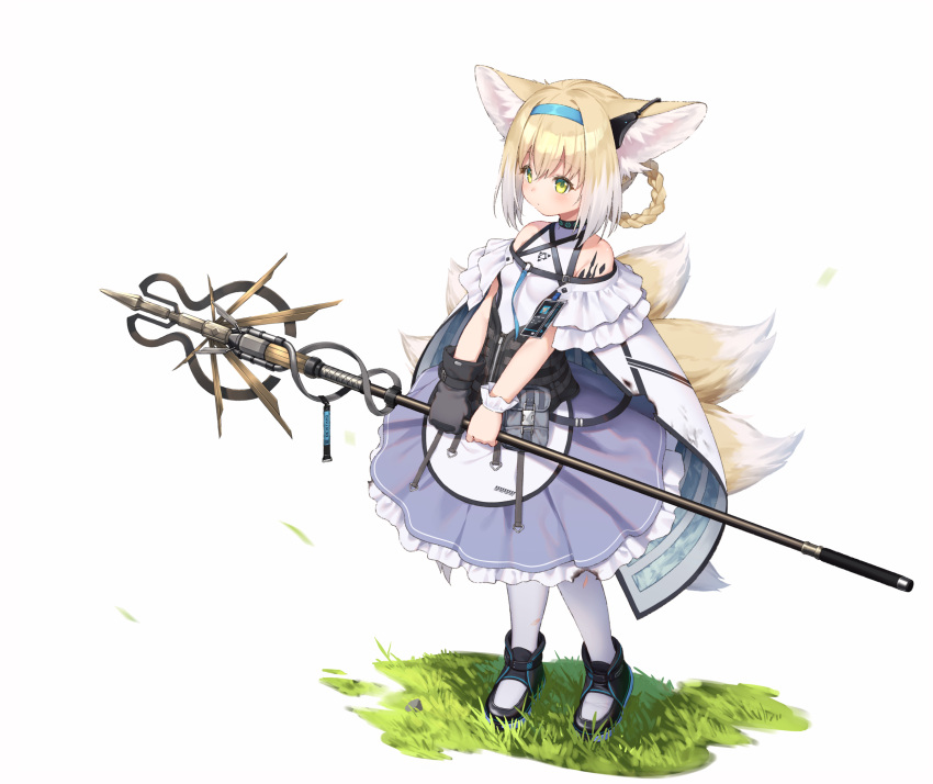 1girl animal_ears arknights bare_shoulders black_collar black_footwear black_gloves braid braided_hair_rings closed_mouth collar commentary dress earpiece fox_ears fox_girl fox_tail frilled_dress frilled_sleeves frills full_body gloves green_eyes hair_rings highres holding holding_staff infection_monitor_(arknights) kitsune kyuubi medium_dress megalateo multiple_tails on_grass oripathy_lesion_(arknights) pantyhose purple_dress shoes short_hair short_sleeves simple_background single_glove solo staff standing suzuran_(arknights) tail twin_braids white_background white_pantyhose