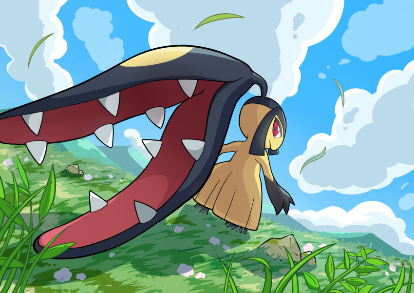 closed_mouth clouds commentary_request day falling_leaves grass highres leaf looking_at_viewer looking_back mawile no_humans outdoors pokemon pokemon_(creature) red_eyes rock sky smile solo standing takahashi_kurage_(kurage077)
