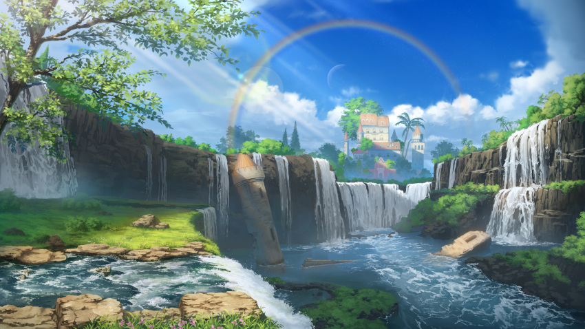 absurdres blue_sky building bush castle clouds cloudy_sky forest grass highres meron_2770 mountain nature no_humans original palm_tree rainbow rainforest river ruins scenery sky tower tree water waterfall