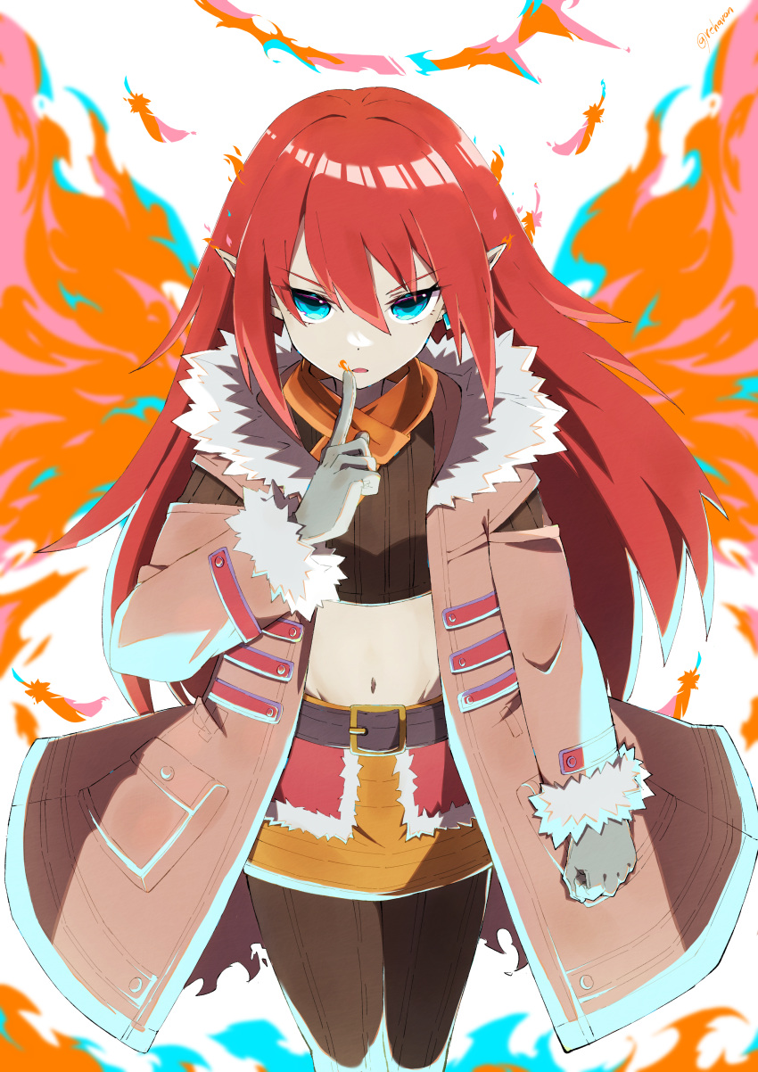 1girl absurdres belt black_belt blue_eyes crop_top earrings fire fur-trimmed_collar fur-trimmed_sleeves fur_trim gloves hand_up highres jacket jewelry long_hair looking_at_viewer midriff navel open_clothes open_jacket pointy_ears redhead rehavon rune_factory rune_factory_3 scarf single_earring skirt toona