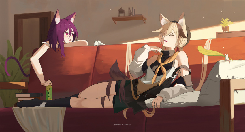 2girls animal_ears arknights artist_name black_headwear black_shirt black_socks book brown_hair cardigan_(arknights) cat_ears cat_girl cat_tail closed_eyes collar_tug couch detached_sleeves dog_ears dog_girl dog_tail doorway hair_between_eyes hat highres hot indoors long_hair lying melantha_(arknights) multicolored_hair multiple_girls neckerchief no_shoes northkiyou on_couch on_side open_mouth orange_neckerchief plant potted_plant purple_hair shelf shirt sleeveless sleeveless_shirt socks streaked_hair sweat tail two-tone_hair violet_eyes white_sleeves