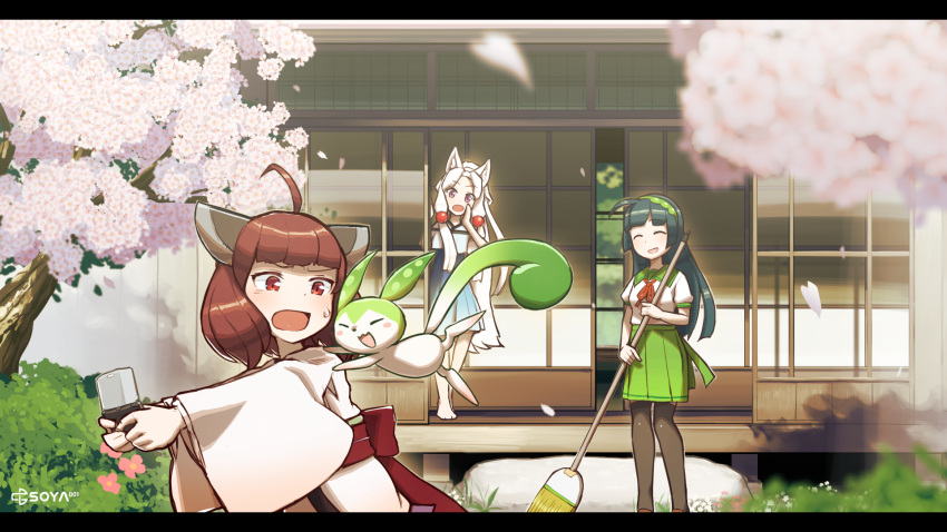 3girls ^_^ ahoge animal_ears architecture artist_logo barefoot black_hair black_pantyhose blade blue_dress blunt_bangs blush broom brown_hair cherry_blossoms closed_eyes commentary_request creature creature_on_shoulder day dress east_asian_architecture facing_another falling_petals fox_ears fox_girl furrowed_brow green_hairband green_sailor_collar green_skirt hairband hand_to_own_mouth handheld_game_console hanging_on headgear highres holding holding_broom holding_handheld_game_console house japanese_clothes kasugai_isoya kimono letterboxed long_hair looking_at_another medium_hair multiple_girls neck_ribbon nintendo_ds obi on_shoulder outdoors outstretched_arms pantyhose petals pleated_skirt red_eyes red_ribbon ribbon sailor_collar sash shirt shouji siblings sidelocks sisters skirt sliding_doors smile spring_(season) standing sweeping touhoku_itako touhoku_kiritan touhoku_zunko tree veranda very_long_hair voiceroid white_hair white_kimono white_shirt wide_shot wide_sleeves zundamon
