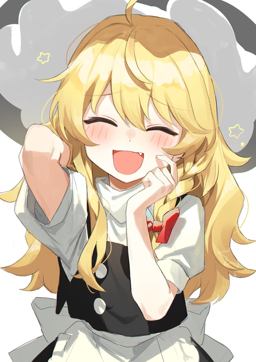 1girl ahoge apron arm_up black_headwear black_skirt black_vest blonde_hair blush bow braid buttons closed_eyes fang finger_to_face hair_bow hand_up hat highres jill_07km kirisame_marisa long_hair open_mouth puffy_short_sleeves puffy_sleeves red_bow shirt short_sleeves simple_background single_braid skirt skirt_set solo star_(symbol) touhou turtleneck vest waist_apron white_apron white_background white_shirt witch_hat