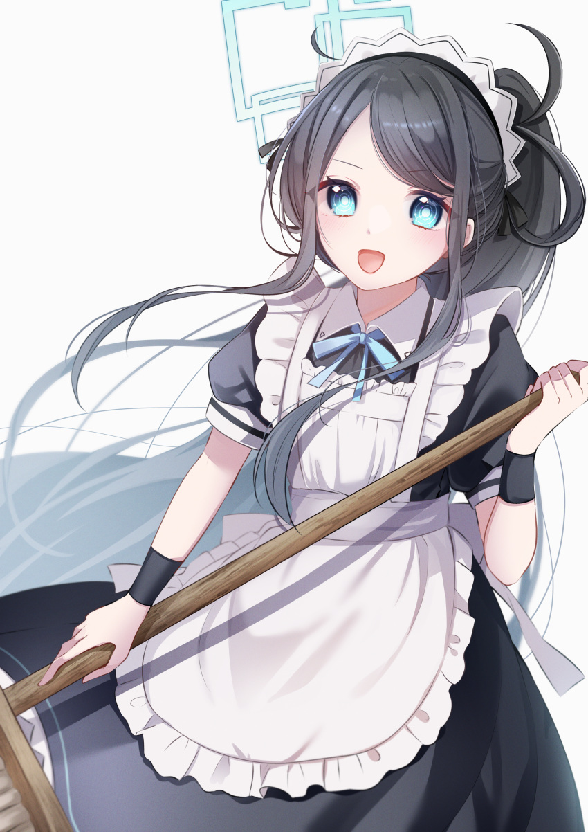 1girl :d absurdly_long_hair absurdres apron aris_(blue_archive) aris_(maid)_(blue_archive) black_hair blue_archive blue_bow blue_bowtie blue_eyes bow bowtie commentary_request forehead frilled_apron frills halo highres holding holding_mop long_hair looking_at_viewer maid maid_apron maid_headdress mochimori_kusunoki mop official_alternate_costume official_alternate_hairstyle parted_bangs short_sleeves side_ponytail sidelocks simple_background smile solo very_long_hair white_apron white_background wristband