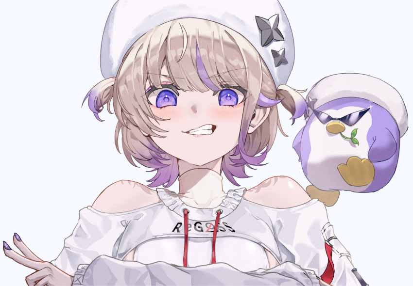 1girl banpen_(todoroki_hajime) bird blonde_hair blush breasts clothing_cutout commentary fur_hat grin hat highres hololive jacket looking_at_viewer multicolored_hair nail_polish penguin purple_hair purple_nails shirt short_hair short_twintails shoulder_cutout shrug_(clothing) simple_background small_breasts smile solo streaked_hair sunglasses takotobuta todoroki_hajime turtleneck twintails two-tone_hair upper_body v v-shaped_eyebrows violet_eyes virtual_youtuber white_background white_headwear white_jacket white_shirt