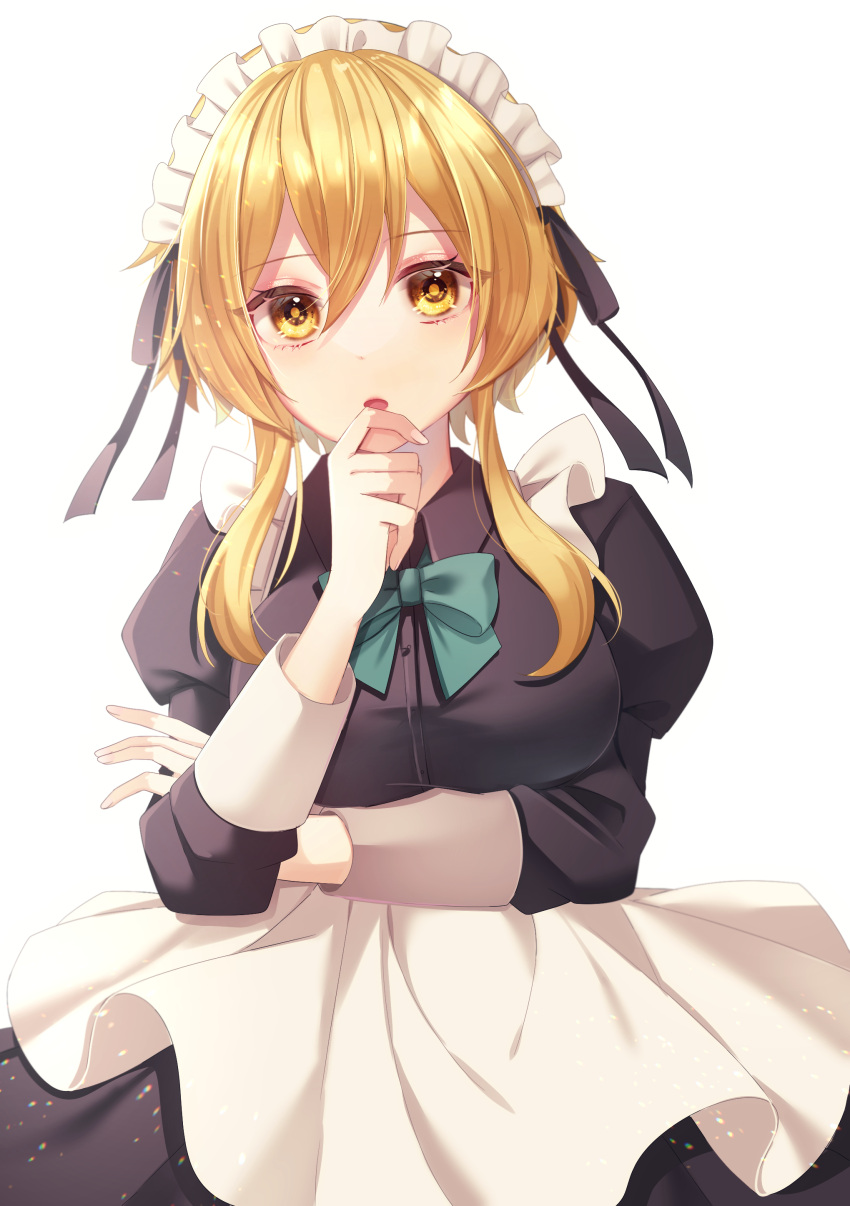 1girl absurdres alternate_costume apron blonde_hair bow bowtie commentary_request crossed_arms enmaided frilled_apron frills genshin_impact green_bow green_bowtie hair_between_eyes hand_on_own_chin highres long_sleeves looking_at_viewer lumine_(genshin_impact) maid maid_apron maid_headdress mochimori_kusunoki parted_lips short_hair short_hair_with_long_locks sidelocks simple_background solo white_apron white_background yellow_eyes