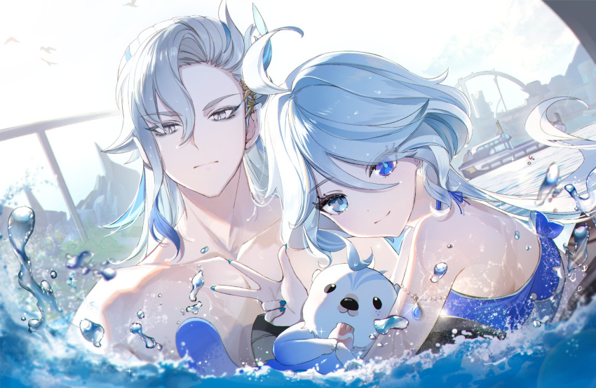 1boy 1girl ahoge armlet bare_shoulders bikini bird blue_bikini blue_eyes blue_eyeshadow blue_hair blue_nails bridge city closed_mouth collarbone commentary day drop-shaped_pupils expressionless eyelashes eyeshadow fingernails flock furina_(genshin_impact) genshin_impact glint hair_between_eyes hair_intakes hair_ornament hand_up heterochromia highres isobe47 long_hair looking_at_viewer looking_to_the_side makeup mismatched_pupils mountain multicolored_hair nail_polish neuvillette_(genshin_impact) otter outdoors parted_bangs partially_submerged partially_underwater_shot pointy_ears ship sidelocks smile streaked_hair swept_bangs swimsuit symbol-shaped_pupils upper_body violet_eyes w water water_drop watercraft white_hair