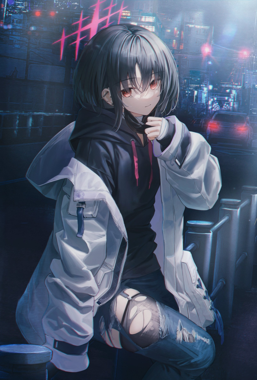 1girl bandaged_hand bandaged_neck bandages black_hair black_hoodie black_mask blue_archive car city denim ear_piercing earrings flippy_(cripine111) garter_straps halo highres hood hooded_jacket hoodie jacket jewelry looking_at_viewer mask mask_pull misaki_(blue_archive) motor_vehicle mouth_mask night on_railing pants pantyhose piercing railing red_eyes red_halo short_hair sleeves_past_wrists solo stud_earrings surgical_mask thigh-highs torn_clothes torn_pants torn_thighhighs traffic_light white_jacket