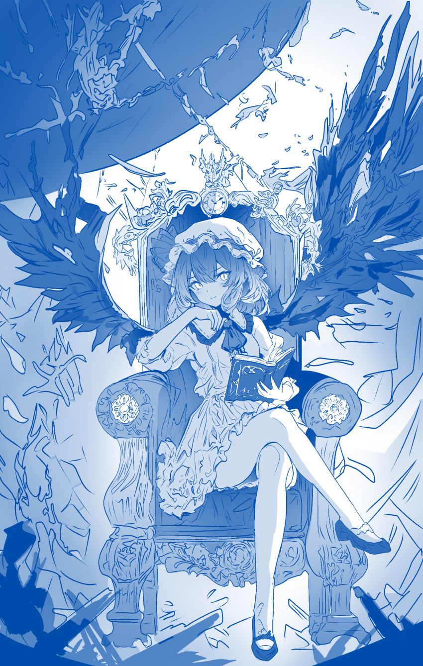 1girl ascot blue_theme book clock closed_mouth commentary_request crossed_legs dress hat highres holding holding_book legs looking_at_viewer mob_cap monochrome ossou_rocket remilia_scarlet shoes short_hair sitting smile solo thighs throne touhou wings