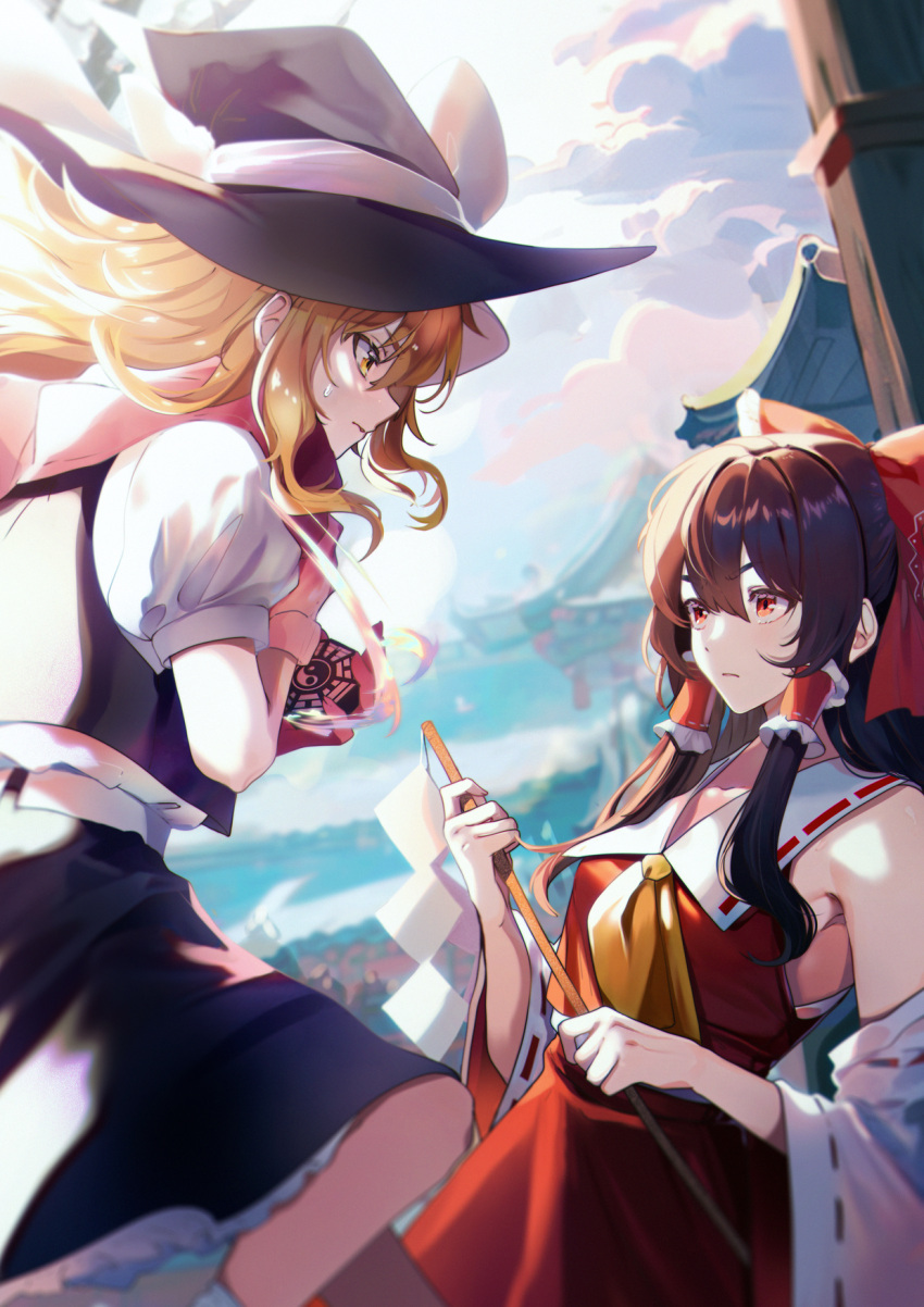 2girls architecture armpit_crease black_skirt blonde_hair bow breasts brown_eyes brown_hair clouds cup detached_sleeves east_asian_architecture gohei hair_between_eyes hair_bow hair_tubes hakurei_reimu hat highres holding holding_cup holding_gohei kirisame_marisa medium_breasts multiple_girls nontraditional_miko puffy_short_sleeves puffy_sleeves ribbon-trimmed_sleeves ribbon_trim short_sleeves sidelocks skirt skirt_set touhou wide_sleeves witch_hat yellow_eyes yen-mi