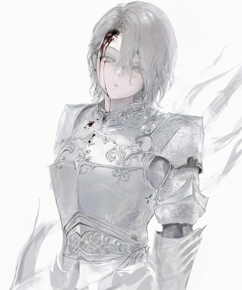 1boy absurdres androgynous armor arms_at_sides bleeding_from_forehead blood blood_on_face blue_eyes breastplate dion_lesage empty_eyes expressionless final_fantasy final_fantasy_xvi gauntlets grey_hair highres injury looking_at_viewer male_focus parted_lips pauldrons qiqiqiqi short_hair shoulder_armor simple_background solo standing swept_bangs upper_body white_background