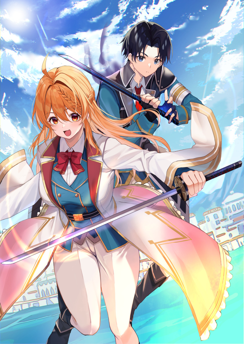 1boy 1girl absurdres ahoge black_footwear black_gloves black_hair blue_eyes blue_jacket bow bowtie breasts building buttons clouds coat collared_shirt copyright_request cover cover_page double-breasted fingerless_gloves gloves highres holding holding_sword holding_weapon jacket katana long_hair necktie novel_cover novel_illustration official_art open_mouth orange_eyes orange_hair pants red_bow red_bowtie red_necktie shirt short_hair sky sword udon_(udonalium) water weapon white_coat white_pants white_shirt wide_sleeves