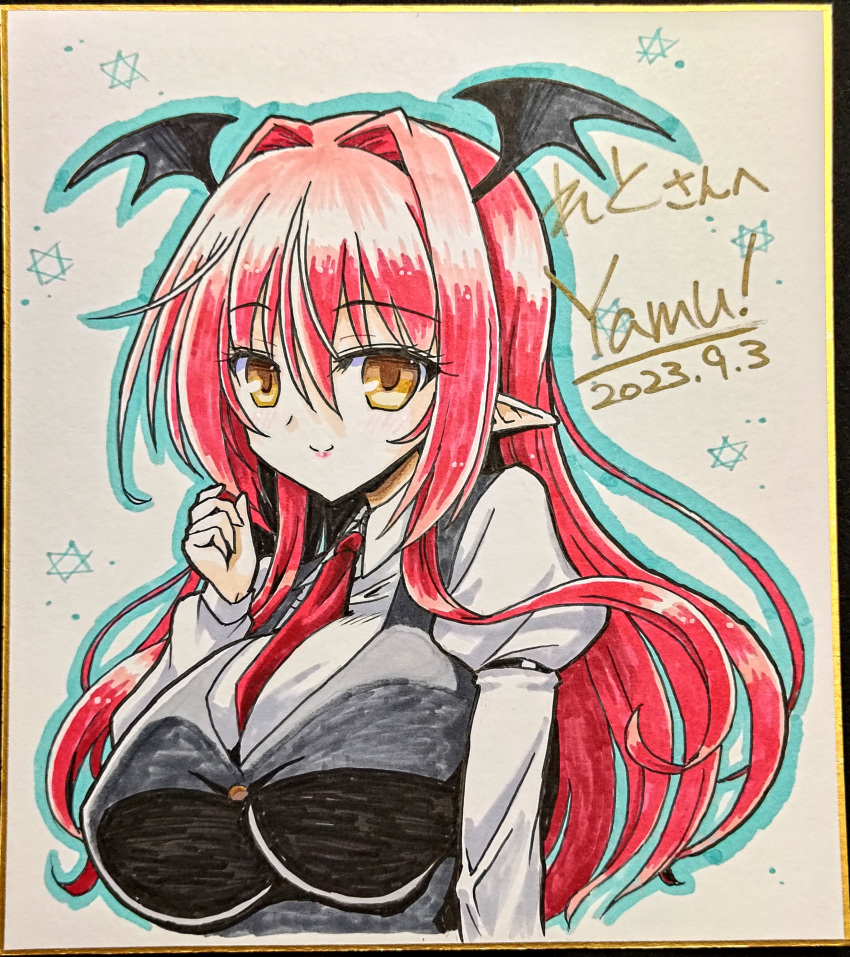 absurdres alternate_eye_color arm_up armband artist_name bat_wings between_breasts black_armband black_vest blue_outline blush breasts buttons collared_shirt commentary_request commission cropped_torso dated dot_nose eyelashes hair_between_eyes hair_intakes head_wings hexagram highres juliet_sleeves koakuma large_breasts long_hair long_sleeves marker_(medium) necktie necktie_between_breasts outline pixiv_commission pointy_ears puffy_sleeves red_necktie redhead shikishi shirt sidelocks simple_background smile split_mouth taut_clothes taut_vest touhou traditional_media translation_request upper_body vest white_background white_shirt wing_collar wings yamu_(reverse_noise) yellow_eyes