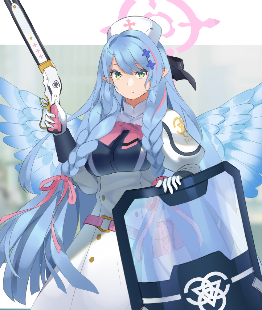 1girl absurdres angel_wings blue_archive blue_hair bow bowtie breasts gloves gun hair_ornament halo hat highres holding holding_gun holding_weapon lever_action long_hair mine_(blue_archive) noix nurse_cap pink_bow pink_bowtie pointy_ears pump_action riot_shield shield shotgun simple_background weapon winchester_model_1897 wings