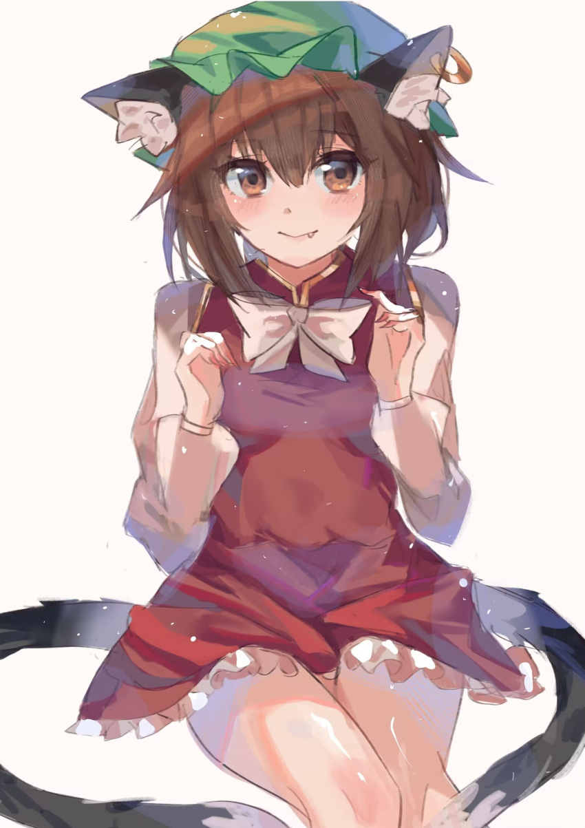 1girl animal_ear_fluff animal_ears bare_legs bloom blush bow bowtie brown_eyes brown_hair cat_ears cat_tail chen closed_mouth commentary_request dress earrings fang fang_out feet_out_of_frame fingernails frills green_headwear hair_between_eyes hands_up hat highres jewelry legs_together light_smile long_sleeves looking_at_viewer medium_hair mob_cap multiple_tails nail_polish nekomata petticoat puffy_long_sleeves puffy_sleeves red_dress red_nails sharp_fingernails simple_background single_earring sitting solo tail touhou two_tails user_ptvs3537 white_background white_bow white_bowtie
