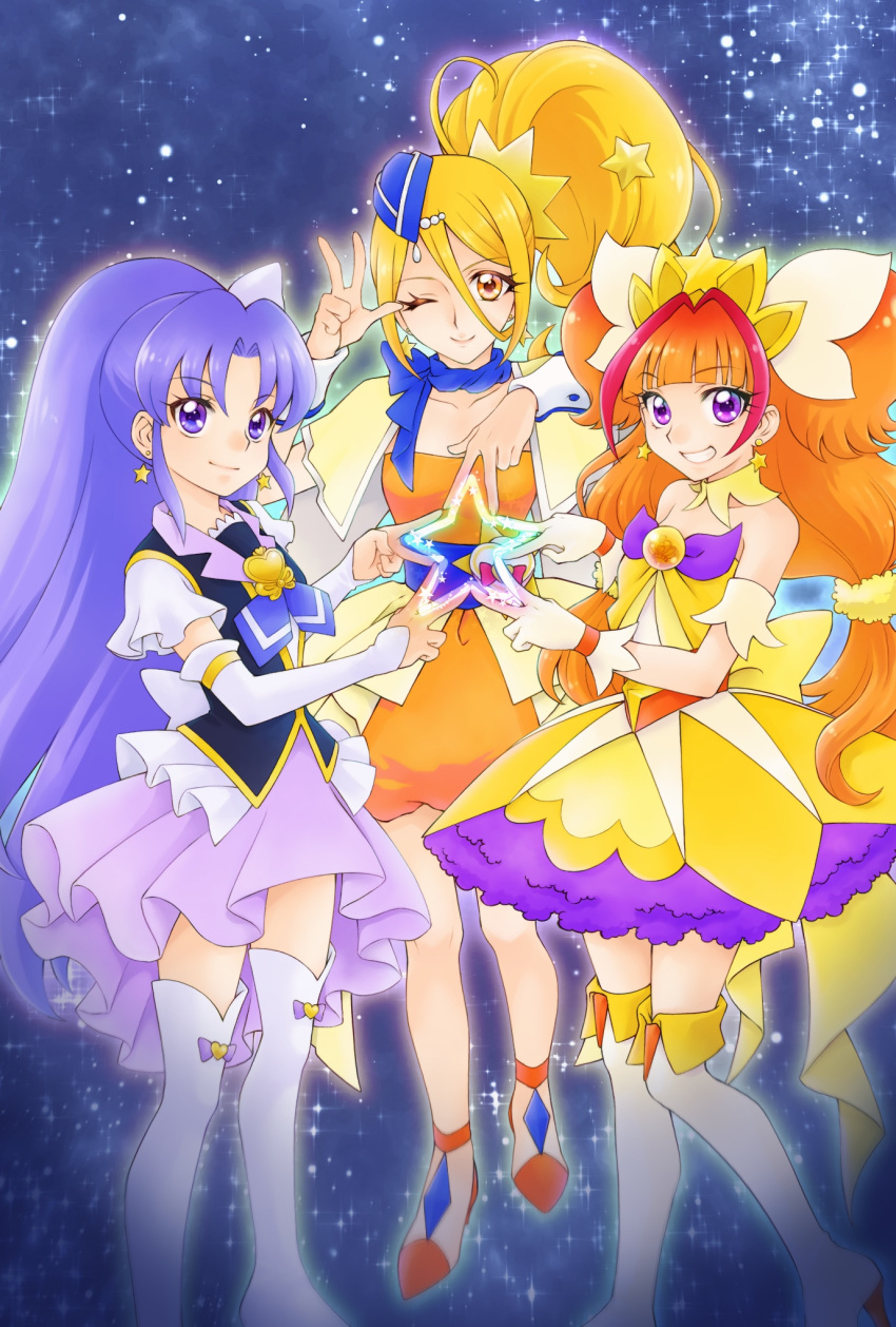 3girls ;) aizen_(syoshiyuki) amanogawa_kirara armband back_bow black_vest blonde_hair blue_headwear blue_scarf boots bow brooch capelet closed_mouth commentary cure_etoile cure_fortune cure_twinkle dress earrings elbow_gloves garrison_cap gloves go!_princess_precure grin hair_ornament hair_scrunchie happinesscharge_precure! hat heart heart_brooch highres hikawa_iona hugtto!_precure jewelry kagayaki_homare long_hair looking_at_viewer low-tied_long_hair low_twintails magical_girl multicolored_hair multiple_girls one_eye_closed orange_dress orange_footwear orange_hair parted_bangs ponytail precure purple_hair purple_skirt redhead scarf scrunchie series_connection shirt shoes short_sleeves side_ponytail skirt sky smile space standing star_(sky) star_(symbol) star_earrings star_hair_ornament starry_sky strapless strapless_shirt streaked_hair thigh_boots tiara trait_connection twintails two-tone_hair two_side_up v very_long_hair vest violet_eyes w white_bow white_footwear white_gloves wrist_cuffs yellow_bow yellow_capelet yellow_dress yellow_eyes