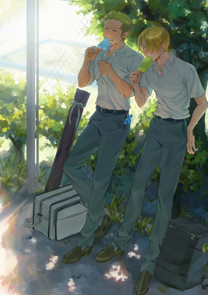 2boys absurdres against_fence alternate_costume alternate_universe bag belt black_belt blonde_hair dappled_sunlight duffel_bag earrings eating fang fence food green_hair grey_pants hair_over_one_eye highres holding holding_food jewelry kendo looking_ahead looking_at_another male_focus multiple_boys one_piece outdoors pants poipoisky72 popsicle roronoa_zoro sanji_(one_piece) scar school_uniform shirt shirt_tucked_in short_hair standing sunlight sweat v-shaped_eyebrows very_sweaty weapon weapon_bag white_shirt