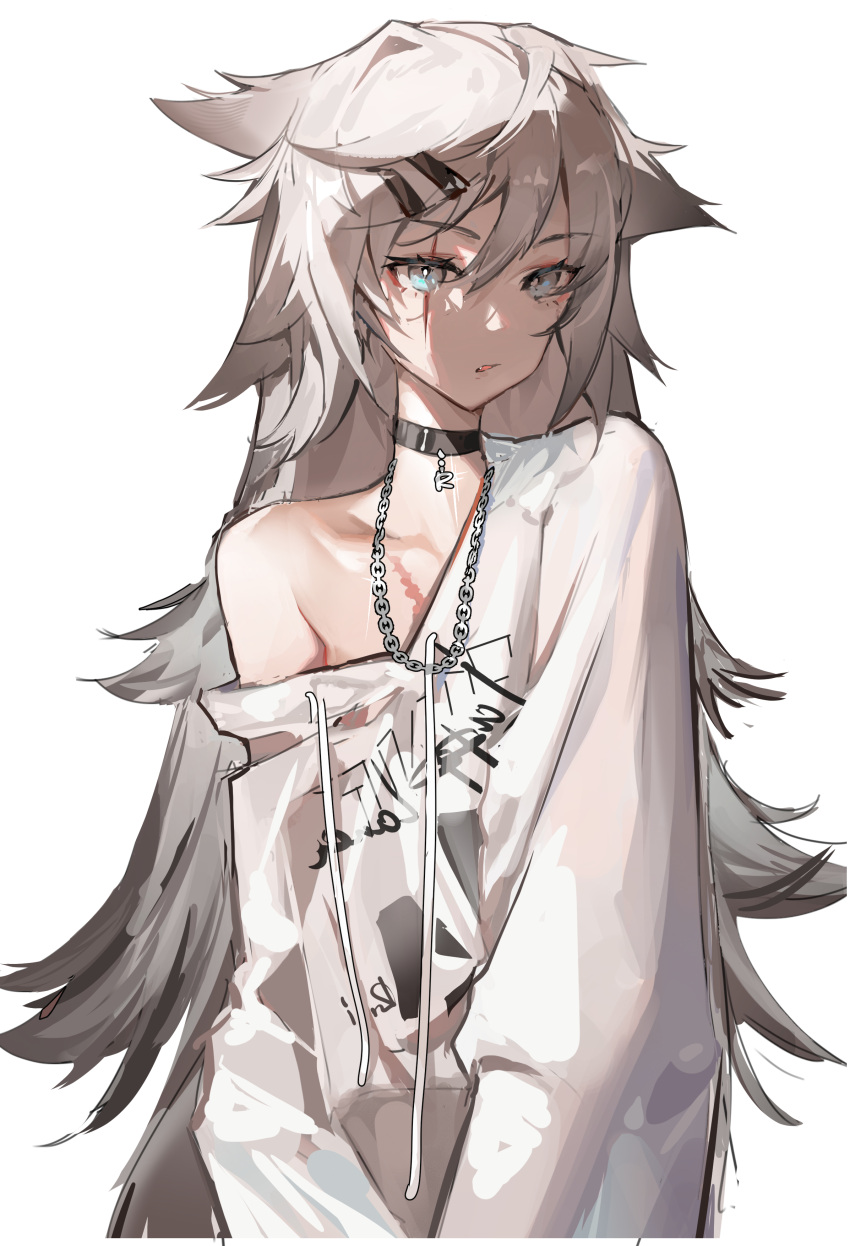 1girl absurdres alternate_costume arknights black_choker chain_necklace choker clothes_writing expressionless hair_ornament hairclip highres jewelry lappland_(arknights) long_hair looking_at_viewer messy_hair necklace off_shoulder parted_lips rui_(woyoudabing_rui) scar scar_across_eye shirt simple_background single_bare_shoulder single_off_shoulder solo upper_body white_background white_eyes white_hair white_shirt