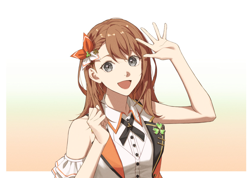 1girl armband bare_arms bare_shoulders black_ribbon border bow braid brown_hair buttons clenched_hand clover clover_hair_ornament collared_shirt frilled_armband frills gradient_background grey_eyes hair_behind_ear hair_bow hair_ornament hanasato_minori hand_up happy highres lapel_pin looking_at_viewer medium_hair neck_ribbon open_mouth orange_background orange_bow project_sekai ribbon shirt simple_background single_horizontal_stripe smile solo sorashiroumi swept_bangs tareme two-tone_bow unbuttoned_vest upper_body vest waving white_armband white_background white_border white_bow white_shirt