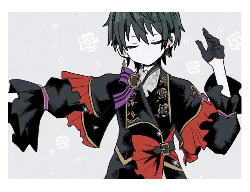 1boy belt_buckle black_gloves black_hair border buckle closed_eyes closed_mouth commentary earrings ensemble_stars! facing_viewer floral_background floral_print gloves hand_up hermitage_(ensemble_stars!) jewelry kagehira_mika long_sleeves male_focus manikamo19 official_alternate_hairstyle short_hair solo symbol-only_commentary upper_body white_border