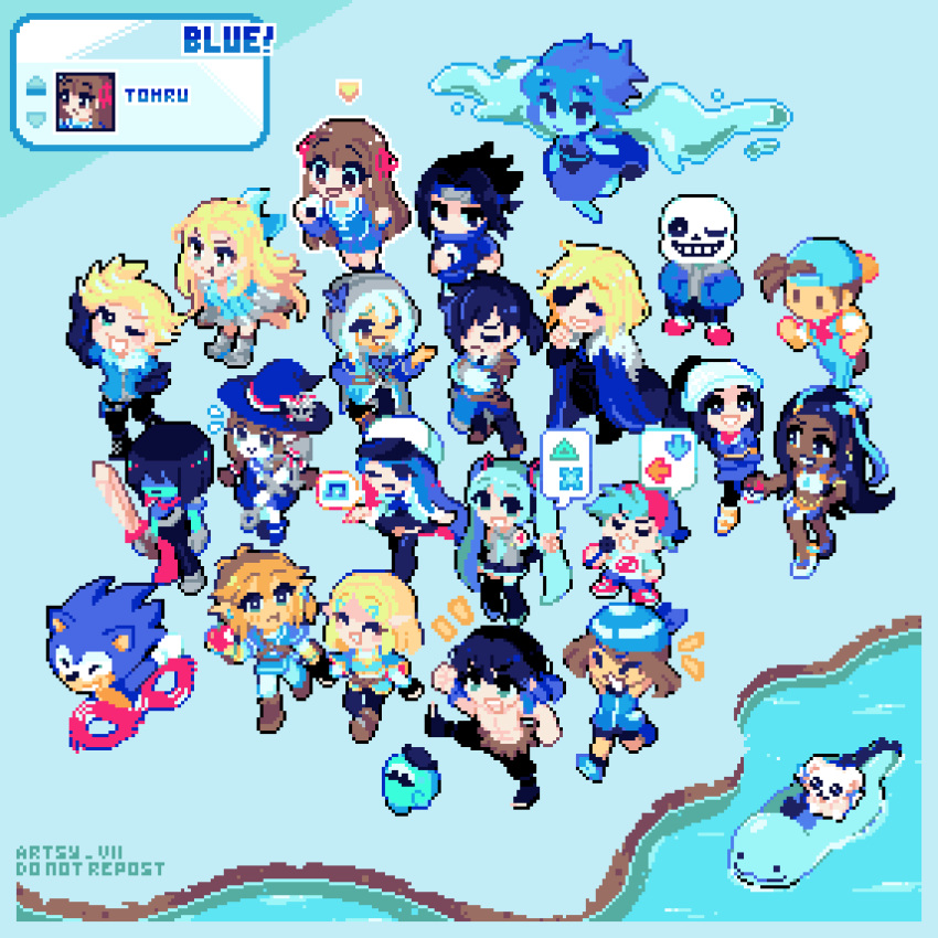 6+boys 6+girls abs akari_(pokemon) among_us animated animated_gif apple arm_up armor arms_behind_head arrow_(symbol) artist_name artsy_vii backwards_hat bandana bijou_(hamtaro) bike_shorts black_hair black_pants black_shorts blonde_hair blue_bandana blue_cape blue_dress blue_eyes blue_footwear blue_hair blue_headband blue_hoodie blue_overalls blue_shirt blue_skin blue_skirt blue_tunic blue_wristband blush_stickers bokujou_monogatari boots boyfriend_(friday_night_funkin') bravely_default_(series) bright_pupils brown_eyes brown_footwear brown_hair butterfly_hair_ornament cape character_select closed_eyes color_connection colored_skin covered_mouth crewmate_(among_us) dark-skinned_female dark_skin deltarune dimitri_alexandre_blaiddyd dress edea_lee eyepatch felix_hugo_fraldarius fire_emblem fire_emblem:_three_houses flying_sweatdrops food friday_night_funkin' fruit fur-trimmed_cape fur_trim galaxy_expedition_team_survey_corps_uniform grey_shirt grin hair_ornament hair_over_eyes hair_ribbon hairclip hamtaro_(series) hand_on_own_hip hands_in_pockets happy hashibira_inosuke hat hatsune_miku headband highres holding holding_food holding_fruit holding_hands holding_microphone holding_poke_ball holding_staff holding_sword holding_weapon honda_tohru hood hood_up hoodie kimetsu_no_yaiba kris_(deltarune) long_hair long_sleeves marija_(muse_dash) microphone multiple_boys multiple_girls muse_dash music naruto_(series) no_mouth no_nose onigiri oounabara_to_wadanohara open_mouth overalls pants pectorals pete_(bokujou_monogatari) pixel_art pleated_skirt pointy_ears poke_ball poke_ball_(basic) pokemon pokemon_(game) pokemon_legends:_arceus pokemon_rse pokemon_swsh quagsire red_apple red_footwear red_headwear red_ribbon red_scarf ribbon riding ringabel river rune_factory rune_factory_4 running ryker_(rune_factory) sans scarf school_uniform shirt shoes shorts shoulder_tattoo singing skeleton skirt slippers smile sneakers sonic_(series) sonic_the_hedgehog spoken_symbol staff steven_universe sword tattoo the_legend_of_zelda the_legend_of_zelda:_breath_of_the_wild thigh_boots topless_male twintails uchiha_sasuke undertale very_long_hair vocaloid wadanohara water_wings weapon white_pupils white_shirt white_shorts witch_hat