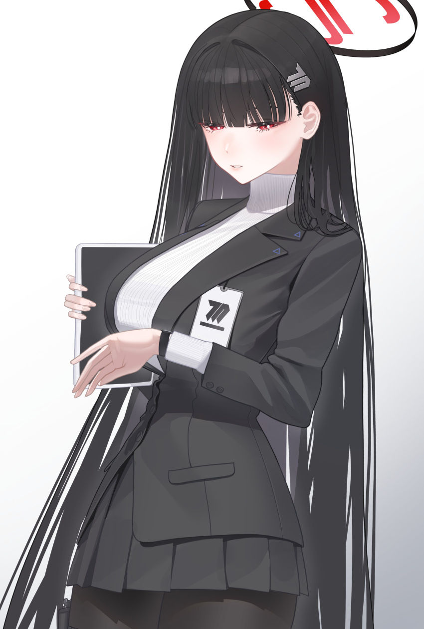 1girl absurdres black_hair black_pantyhose black_skirt blue_archive blunt_bangs breasts gradient_background grey_background halo highres id_card jacket large_breasts long_hair long_sleeves looking_at_viewer necktie pantyhose parted_lips pleated_skirt rio_(blue_archive) simple_background skirt solo sweater tablet_pc turtleneck turtleneck_sweater very_long_hair watch watch white_background white_sweater whskswnd