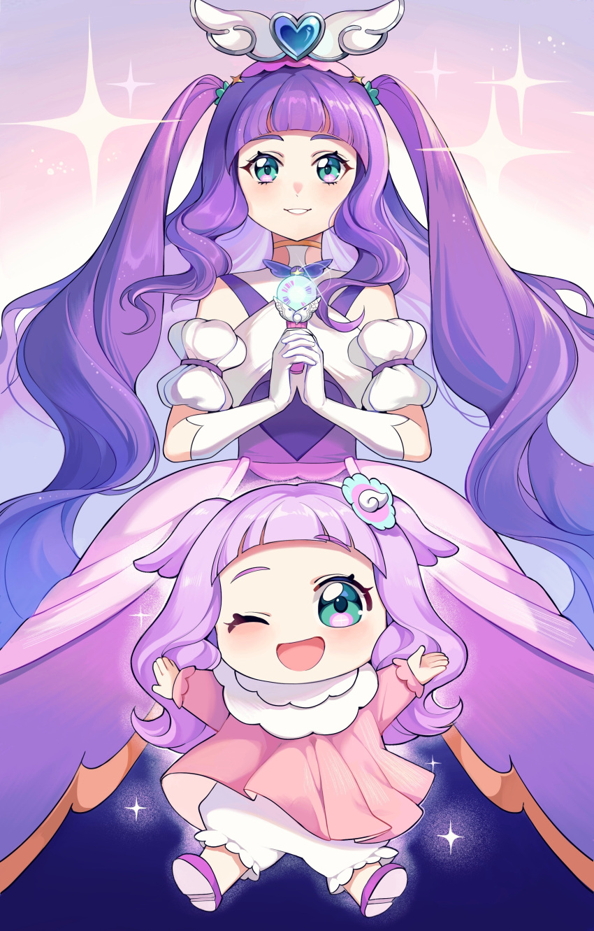 1girl ;d absurdres aged_up aqua_eyes baby bai_xin commentary_request cure_majesty dress dual_persona elbow_gloves ellee-chan eyelashes gloves gradient_background hair_ornament happy highres hirogaru_sky!_precure long_hair looking_at_viewer magical_girl one_eye_closed open_mouth precure purple_dress purple_hair smile solo standing thigh-highs thighs white_thighhighs wing_hair_ornament