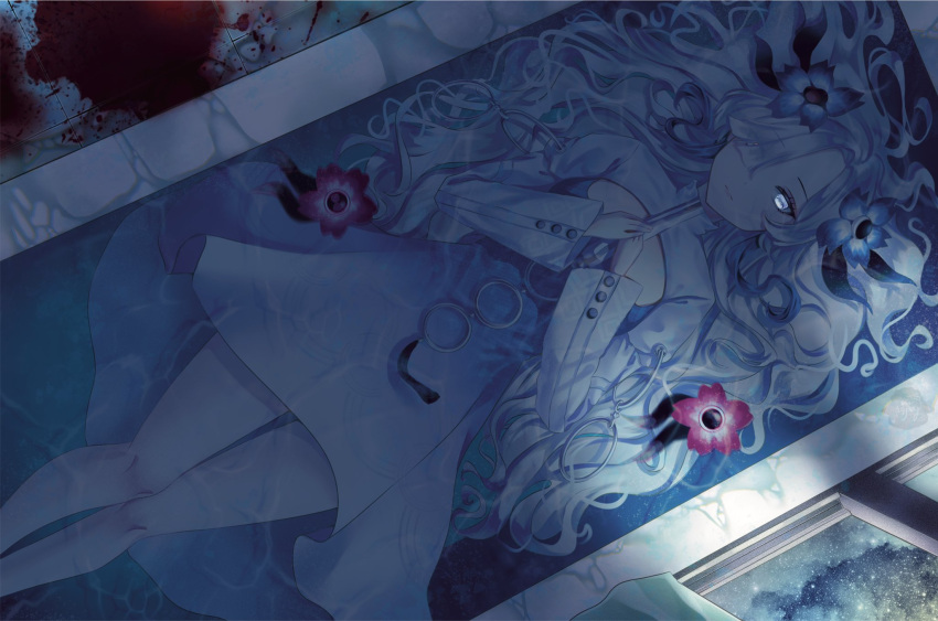 1girl bathtub blood blood_stain blue_dress blue_flower blue_hair creature dark dress expressionless familiar feet_out_of_frame flower glowing glowing_eyes hair_flower hair_ornament hair_over_one_eye hands_on_own_chest highres isekai_joucho kamitsubaki_studio long_hair long_sleeves looking_at_viewer lying multicolored_hair on_back own_hands_together partially_submerged solo two-tone_dress two-tone_hair virtual_youtuber water white_dress white_eyes white_hair window yang_yang030
