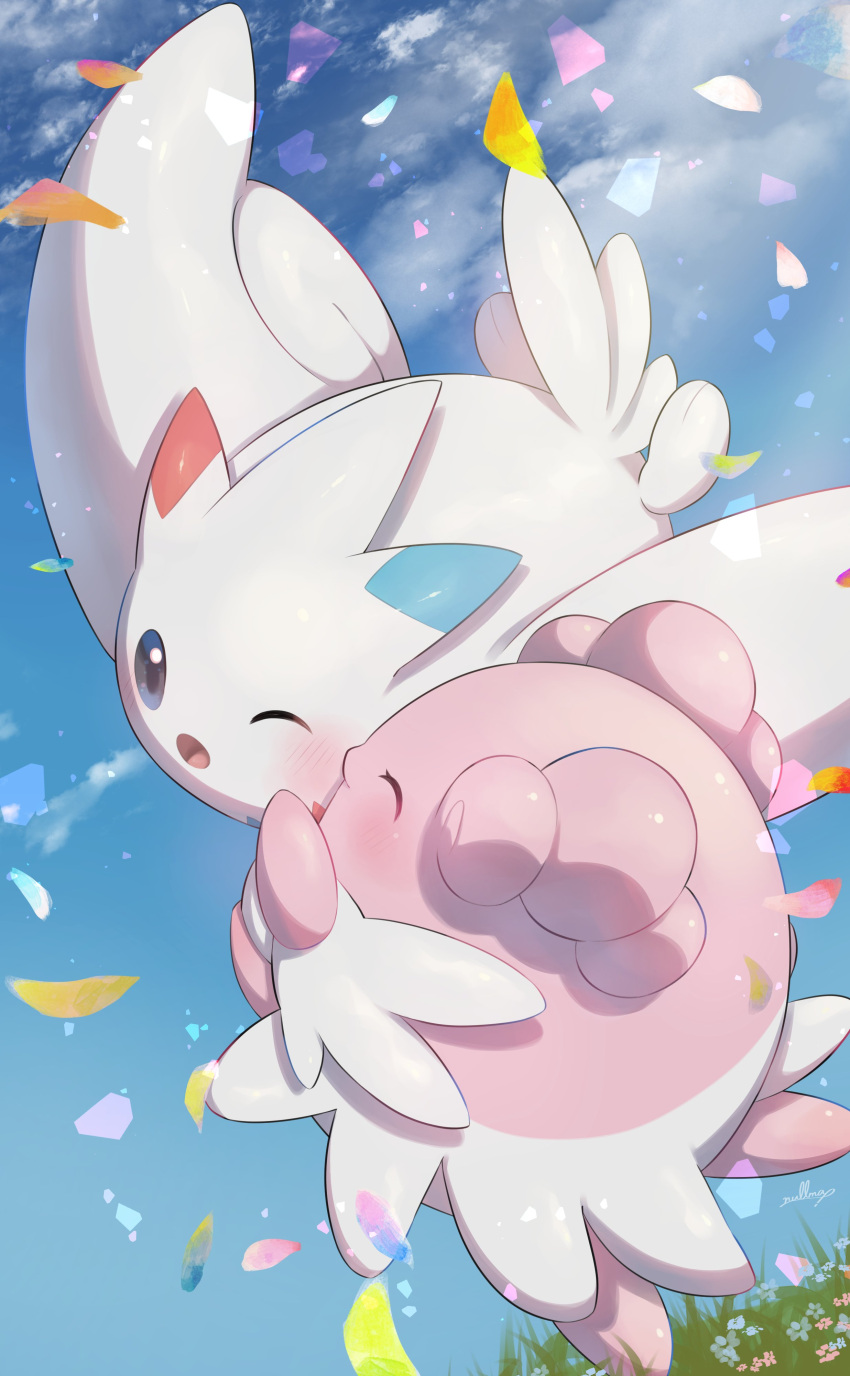 absurdres blissey blue_sky blush closed_eyes day flying highres no_humans nullma one_eye_closed open_mouth outdoors pokemon pokemon_(creature) sky togekiss