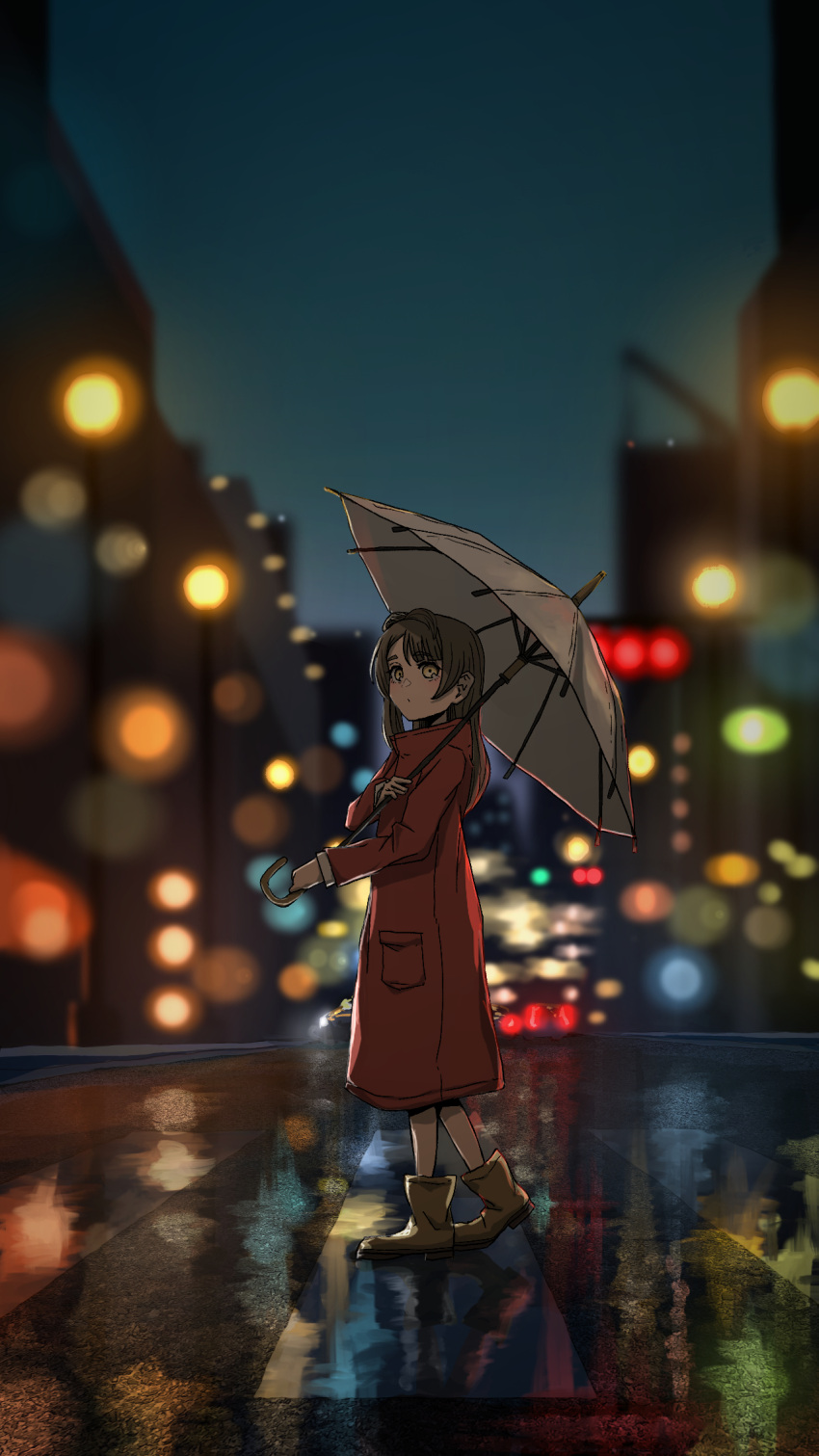 &amp;&amp; 1girl ahoge birthday boots building city_lights commentary full_body grey_hair highres holding holding_umbrella long_hair looking_at_viewer love_live! love_live!_school_idol_project minami_kotori night night_sky one_side_up sky standing trench_coat umbrella yellow_eyes