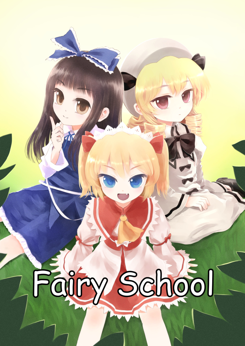 3girls :d ascot blonde_hair bloom blue_bow blue_dress blue_eyes blunt_bangs bow brown_eyes brown_hair closed_mouth comiket_88 commentary_request dress drill_hair expressionless fang feet_out_of_frame frilled_bow frills gradient_background grass hair_bow hand_up hat highres index_finger_raised kongari_(kngr) legs_apart light_blush long_hair looking_at_viewer luna_child maid_headdress multiple_girls open_mouth petticoat simple_background skin_fang smile standing star_sapphire sunny_milk touhou tsurime two_side_up yellow_ascot