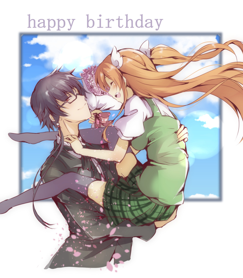 1boy 1girl ^_^ birthday black_hair black_suit black_thighhighs blue_sky blush bouquet breasts brother_and_sister ca2la closed_eyes closed_mouth clouds commentary_request cowboy_shot english_text eyes_visible_through_hair facing_another feet_out_of_frame floating_hair flower green_shirt green_skirt hair_between_eyes half-closed_eyes happy happy_birthday highres holding holding_bouquet hug impossible_clothes lens_flare lips long_hair looking_at_another medium_breasts miniskirt no_shoes ootori_chihaya ootori_sakuya open_mouth orange_hair plaid plaid_skirt pleated_skirt profile puffy_short_sleeves puffy_sleeves purple_flower red_eyes rewrite school_uniform shirt short_sleeves siblings sidelocks simple_background skirt sky smile standing straight_hair suit teeth thigh-highs two_side_up upper_teeth_only very_long_hair white_background white_shirt wing_hair_ornament zettai_ryouiki