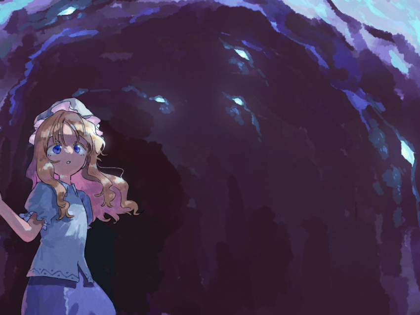 1girl blonde_hair blue_eyes blue_shirt blue_skirt cave cave_interior collared_shirt hat long_hair maribel_hearn mob_cap nama_udon neo-traditionalism_of_japan open_mouth shirt short_sleeves skirt solo touhou white_headwear