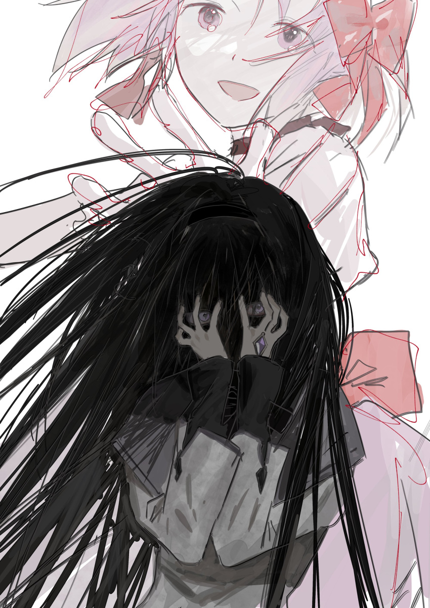2girls absurdres akemi_homura black_hair black_hairband bow capelet choker covering_face crazy_eyes dot_nose expressionless gloves hair_ribbon hairband half-closed_eyes hands_on_own_face hands_up happy head_tilt high_contrast highres kaname_madoka long_hair long_sleeves looking_at_viewer mabelmine mahou_shoujo_madoka_magica mahou_shoujo_madoka_magica_(anime) messy_hair multiple_girls muted_color no_mouth no_nose open_mouth outstretched_arm outstretched_hand pastel_colors pink_eyes pink_hair pink_ribbon puffy_short_sleeves puffy_sleeves purple_capelet red_choker ribbon ribbon_choker shirt short_sleeves short_twintails sidelighting simple_background sleeves_past_wrists smile solo_focus soul_gem straight_hair tareme tsurime twintails violet_eyes waist_bow white_background white_gloves white_shirt