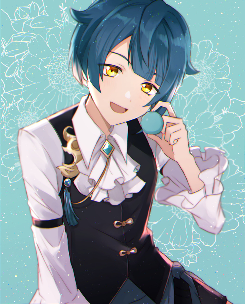 1boy :d alternate_costume aqua_background ari_(bleum) ascot black_vest blue_hair blunt_bangs brooch collared_shirt commentary_request dress_shirt floral_background frilled_sleeves frills gem genshin_impact hand_up head_tilt highres holding jewelry long_sleeves looking_at_viewer male_focus open_mouth parted_bangs shirt short_hair simple_background smile solo tassel vest white_ascot white_shirt wide_sleeves wing_collar xingqiu_(genshin_impact) yellow_eyes
