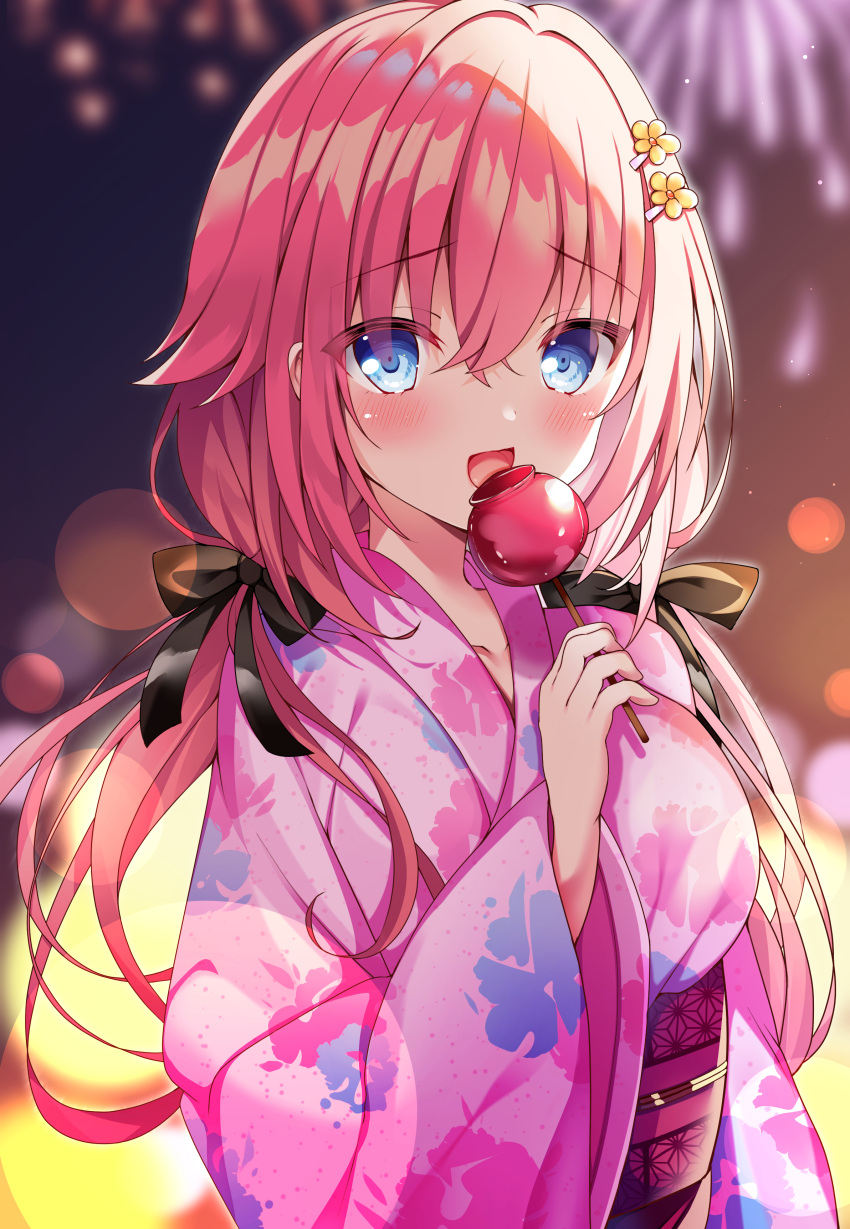 1girl :d absurdres black_ribbon blue_eyes blurry blurry_background blush breasts candy candy_apple commentary_request crossed_bangs eating eyelashes eyes_visible_through_hair festival fireworks floral_print food hair_between_eyes hair_ribbon hakugan hamidashi_creative hand_up highres holding holding_candy holding_food japanese_clothes kimono large_breasts lens_flare long_hair long_sleeves looking_at_viewer low_twintails night open_mouth outdoors pink_kimono red_sash redhead ribbon sash smile solo tokiwa_kano twintails upper_body wide_sleeves yukata
